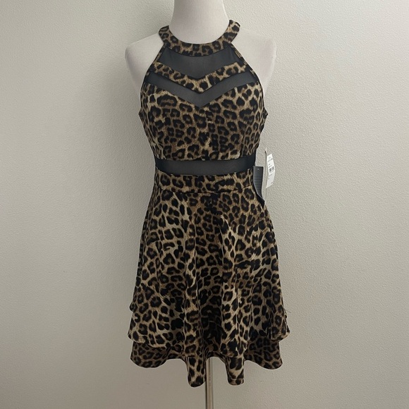 NORDSTROM LEOPARD PRINT BLACK MESH DETAIL FITTED STRECH A-LINE MINI DRESS - Picture 1 of 10